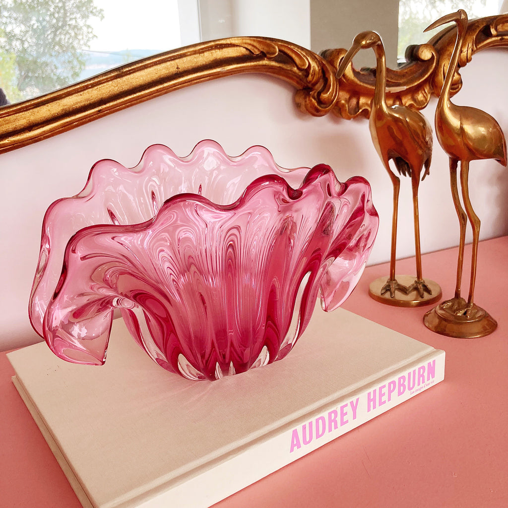 coupe vase coquillage en verre soufflé rose style Murano