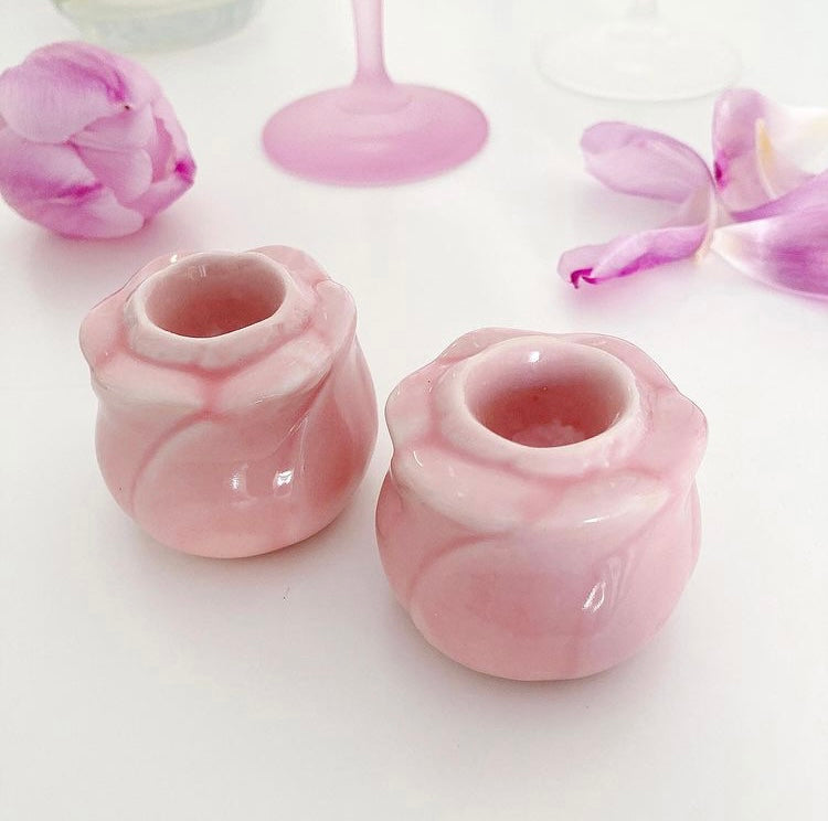 bougeoir vintage céramique fleur rose