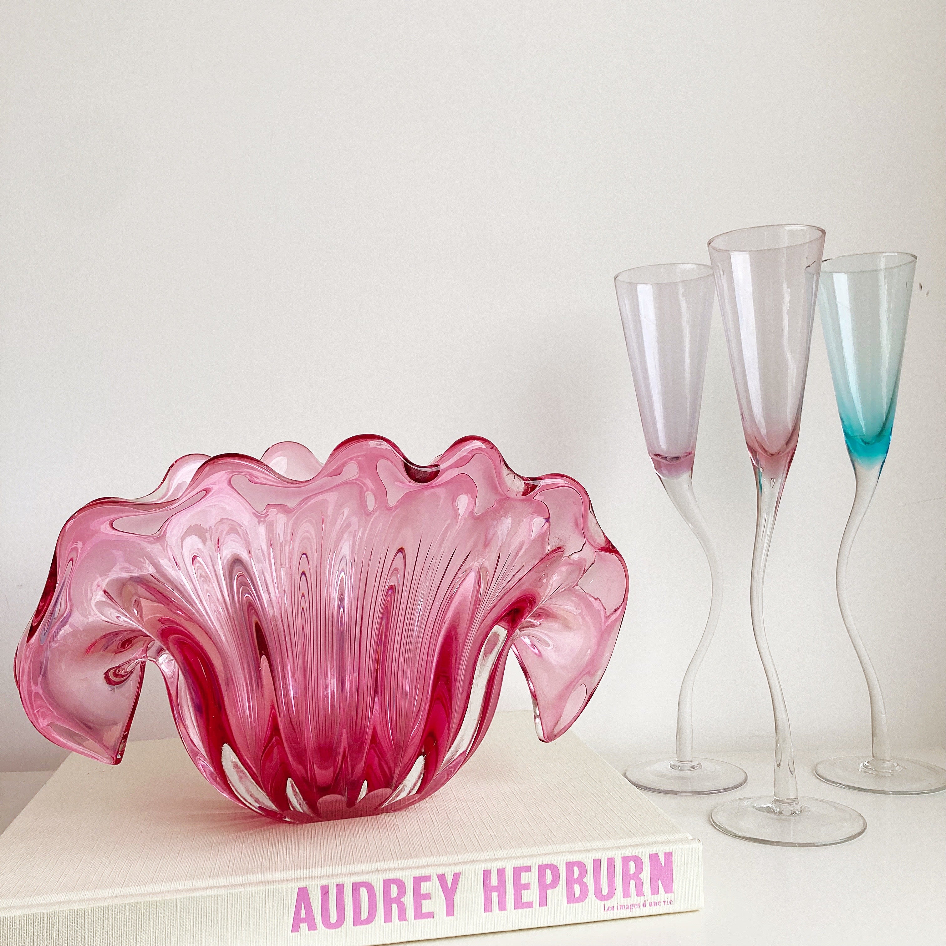 coupe vase coquillage en verre soufflé rose style Murano